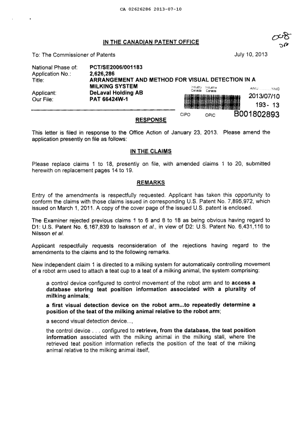 Document de brevet canadien 2626286. Poursuite-Amendment 20130710. Image 1 de 9