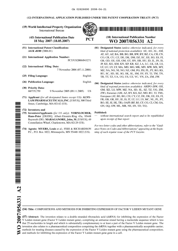 Document de brevet canadien 2626690. Abrégé 20071221. Image 1 de 1