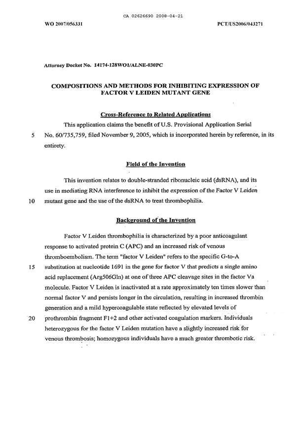 Document de brevet canadien 2626690. Description 20071221. Image 1 de 85