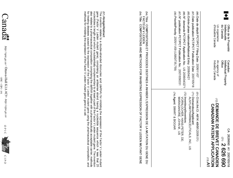 Document de brevet canadien 2626690. Page couverture 20071230. Image 1 de 1