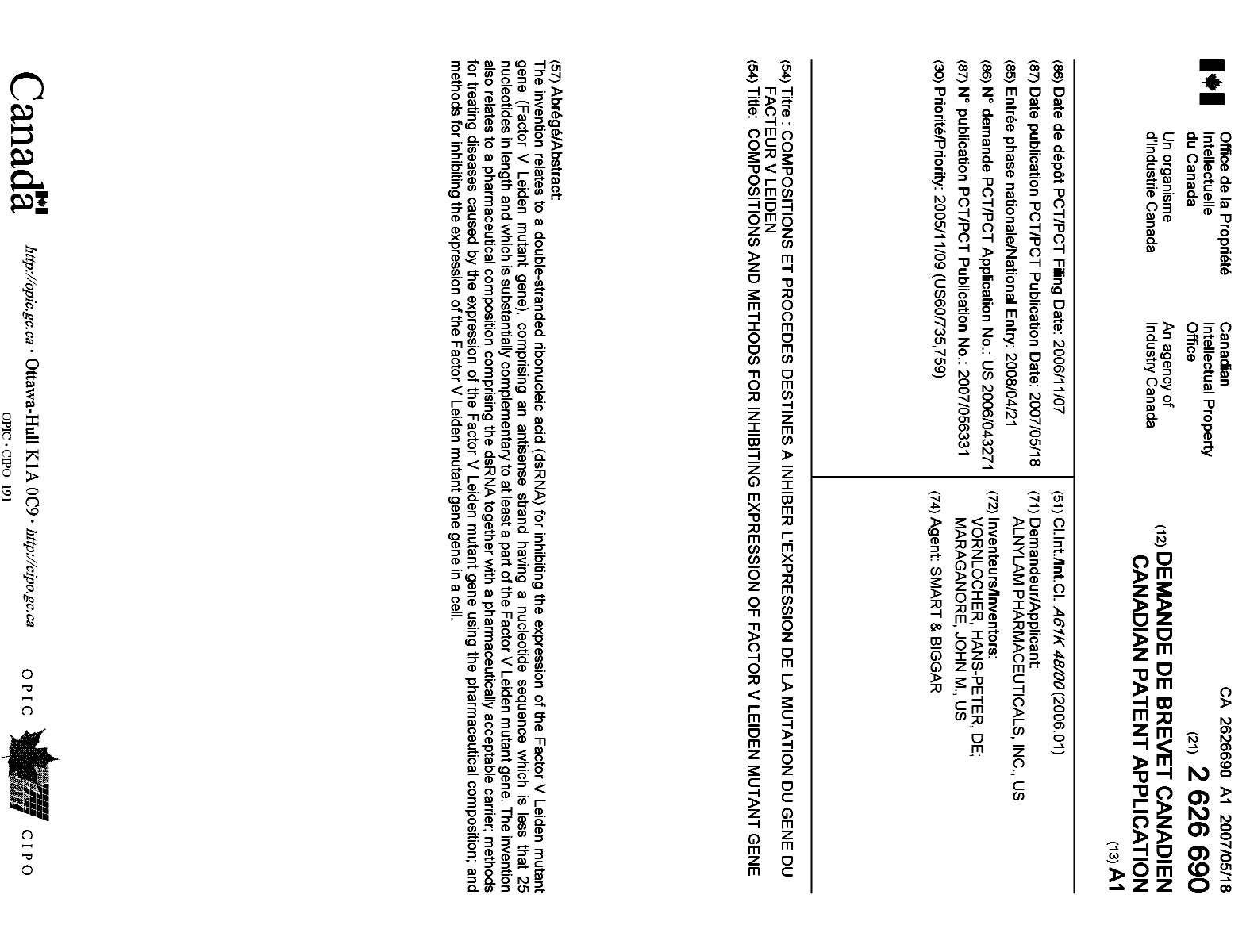Document de brevet canadien 2626690. Page couverture 20071230. Image 1 de 1