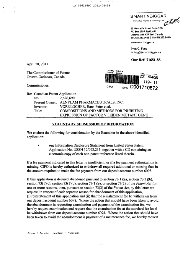 Canadian Patent Document 2626690. Prosecution-Amendment 20101228. Image 1 of 2