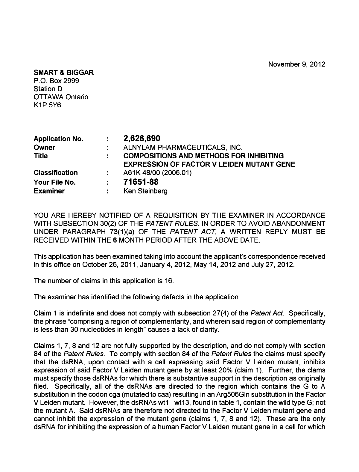 Canadian Patent Document 2626690. Prosecution-Amendment 20111209. Image 1 of 3