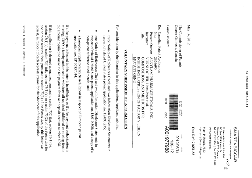 Canadian Patent Document 2626690. Prosecution-Amendment 20111214. Image 1 of 2