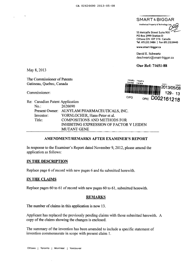 Document de brevet canadien 2626690. Poursuite-Amendment 20121208. Image 1 de 11