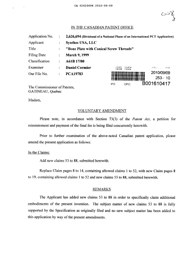 Canadian Patent Document 2626694. Prosecution-Amendment 20100909. Image 1 of 14