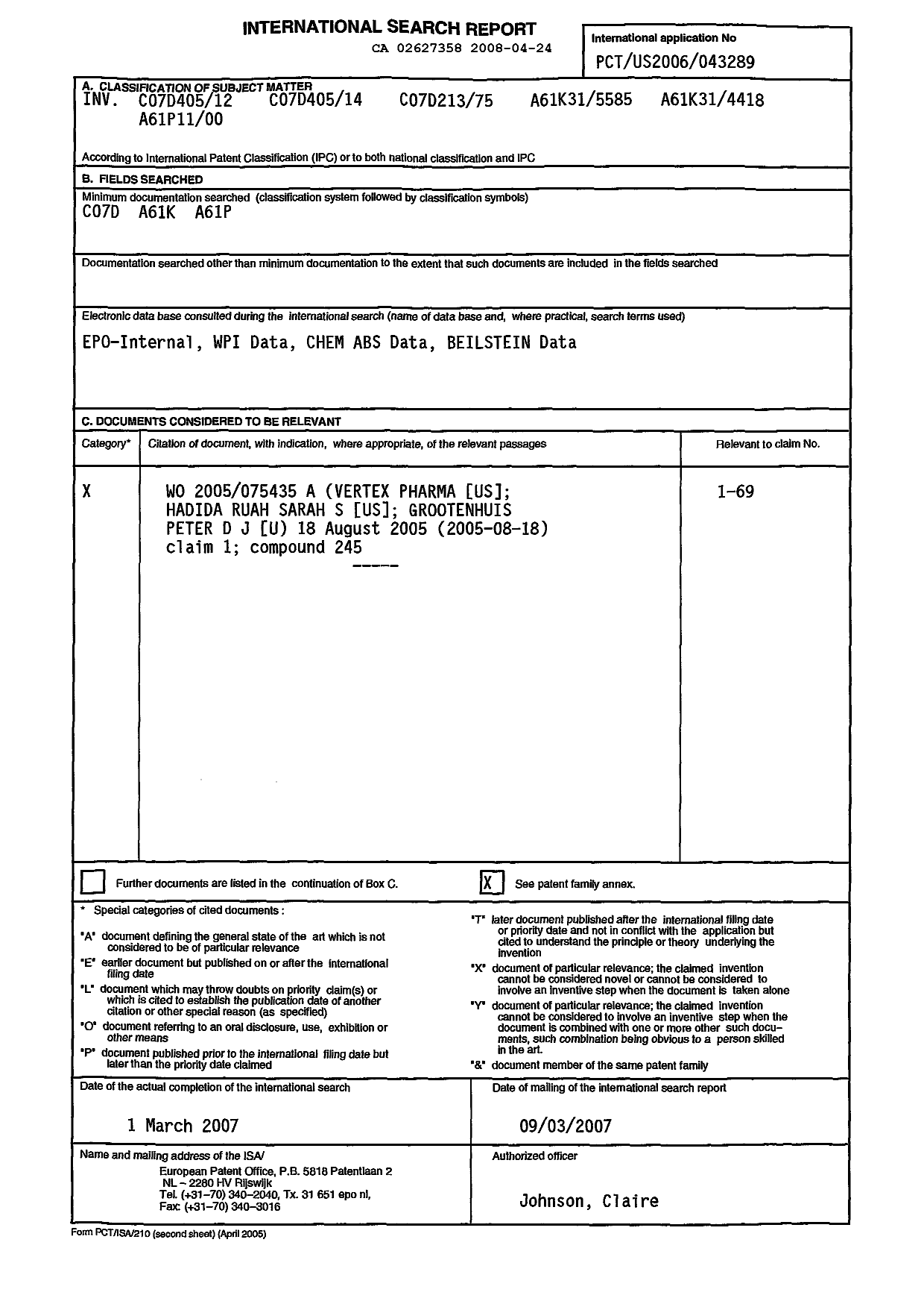 Canadian Patent Document 2627358. PCT 20071224. Image 1 of 3