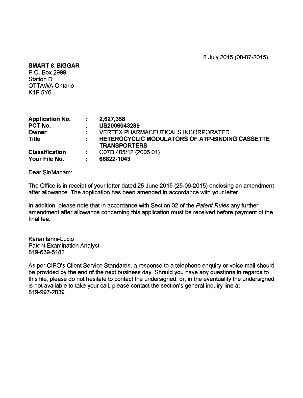 Document de brevet canadien 2627358. Poursuite-Amendment 20150708. Image 1 de 1