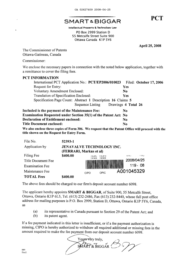 Document de brevet canadien 2627409. Cession 20080425. Image 1 de 3