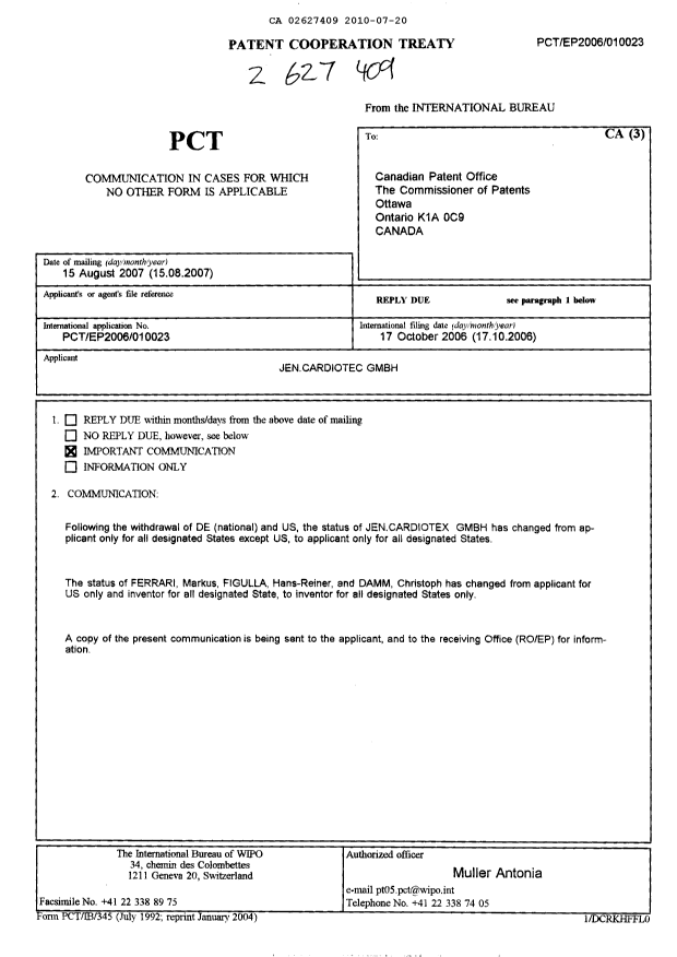 Document de brevet canadien 2627409. PCT 20100720. Image 1 de 1