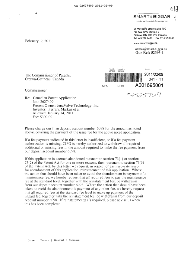 Document de brevet canadien 2627409. Correspondance 20110209. Image 1 de 2