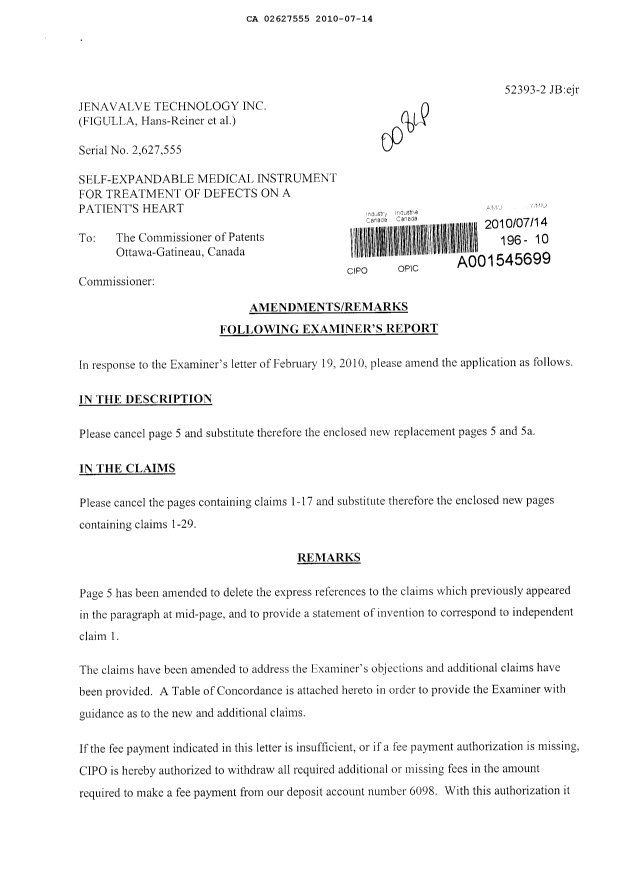 Document de brevet canadien 2627555. Poursuite-Amendment 20100714. Image 1 de 11