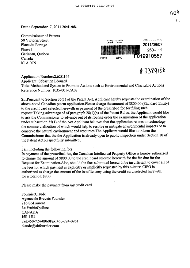 Document de brevet canadien 2628144. Poursuite-Amendment 20101207. Image 1 de 2