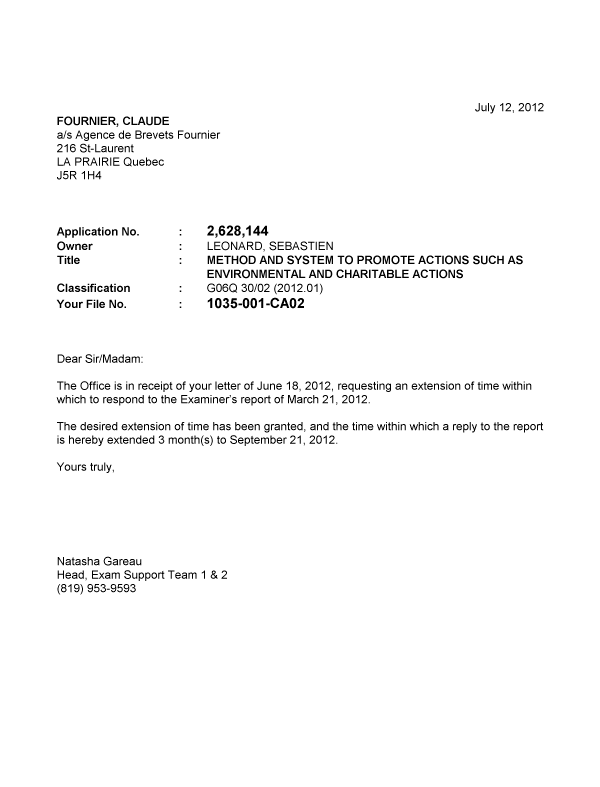 Document de brevet canadien 2628144. Correspondance 20111212. Image 1 de 1
