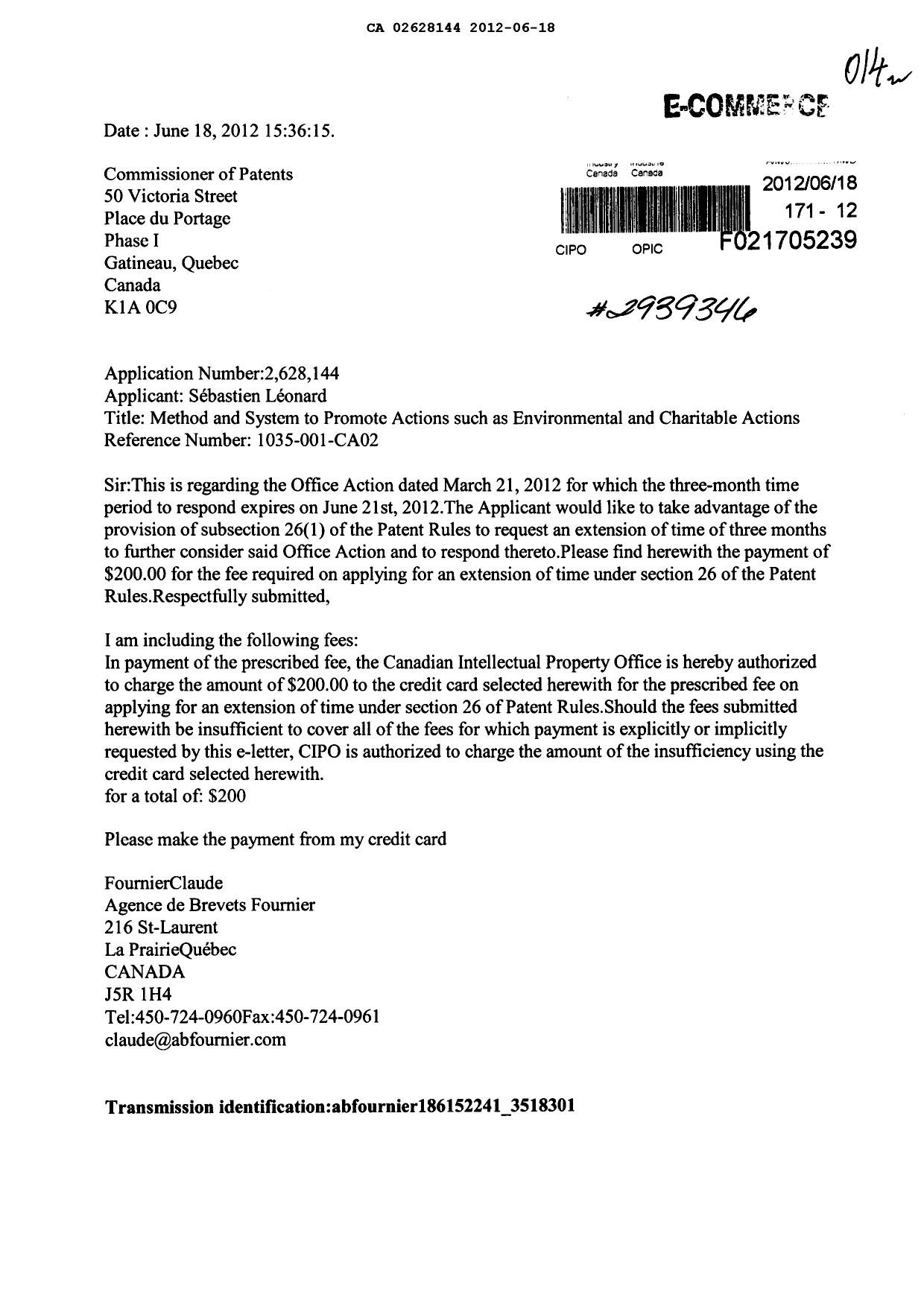 Document de brevet canadien 2628144. Correspondance 20111218. Image 1 de 1