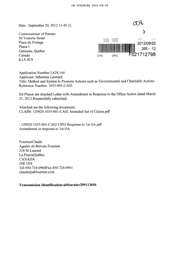 Document de brevet canadien 2628144. Poursuite-Amendment 20111220. Image 1 de 11