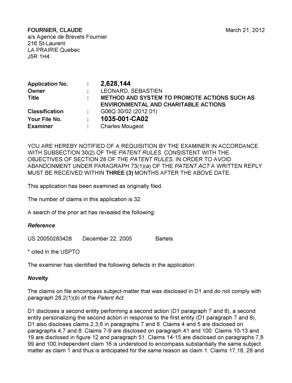 Document de brevet canadien 2628144. Poursuite-Amendment 20111221. Image 1 de 3