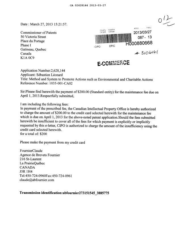 Document de brevet canadien 2628144. Correspondance 20121227. Image 1 de 1