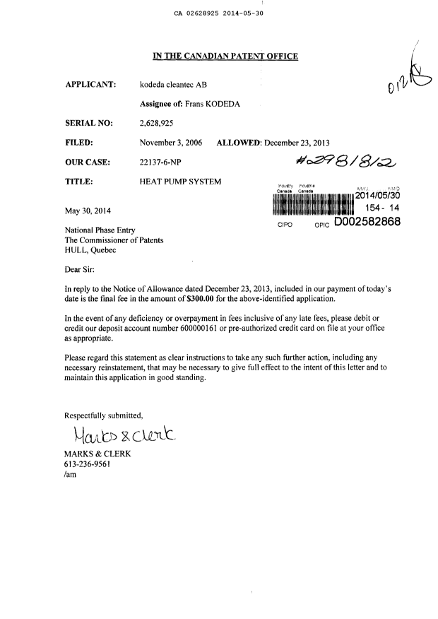 Document de brevet canadien 2628925. Correspondance 20131230. Image 1 de 1
