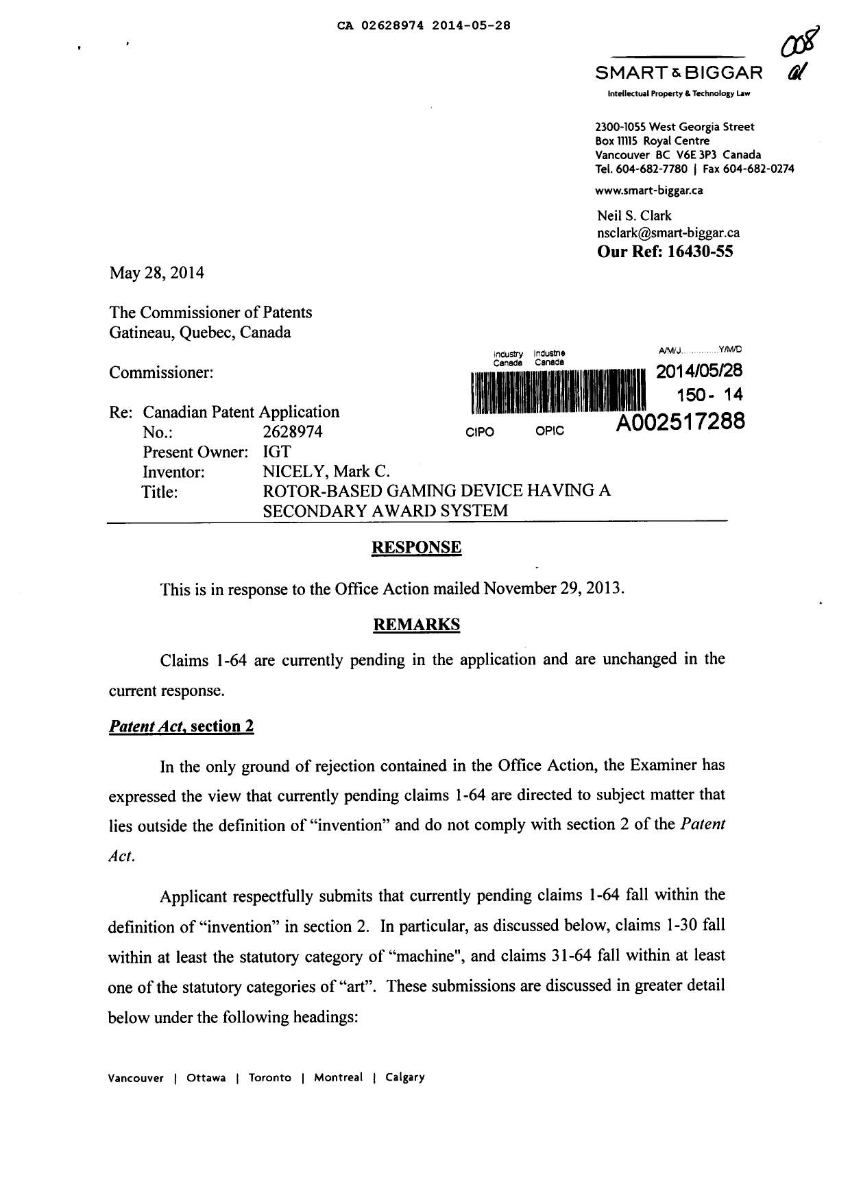 Canadian Patent Document 2628974. Prosecution-Amendment 20131228. Image 1 of 17