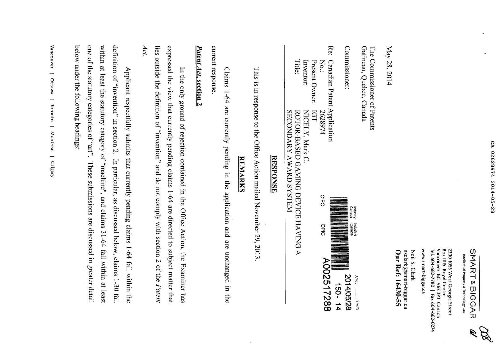 Canadian Patent Document 2628974. Prosecution-Amendment 20131228. Image 1 of 17