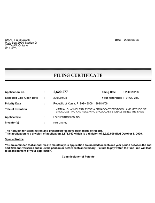 Document de brevet canadien 2629277. Correspondance 20080606. Image 1 de 1