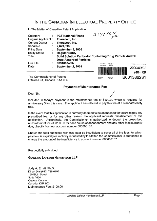 Document de brevet canadien 2629393. Taxes 20090902. Image 1 de 1