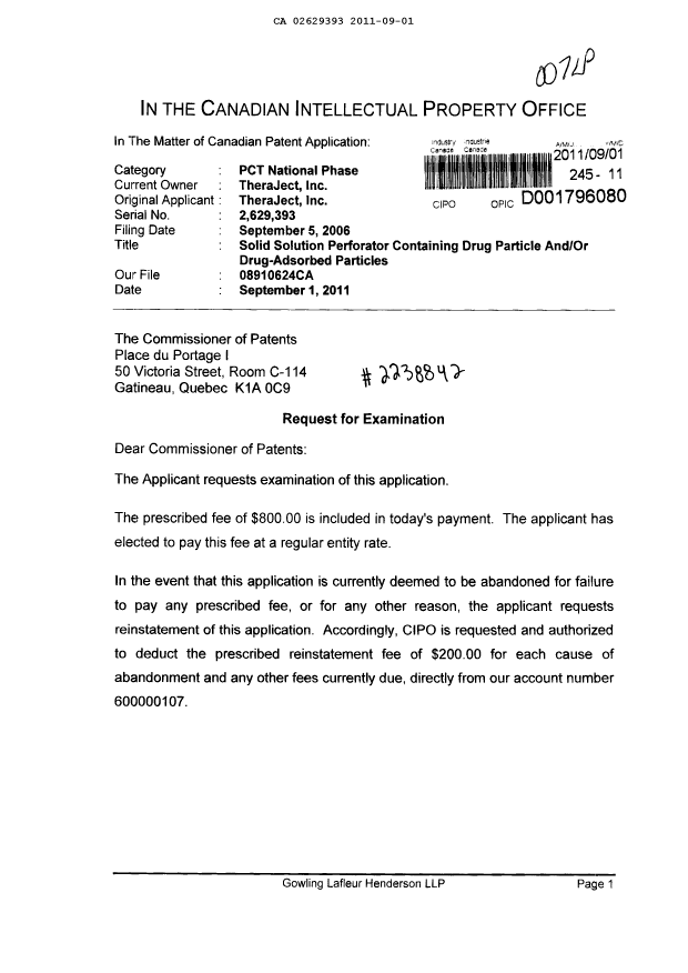 Document de brevet canadien 2629393. Poursuite-Amendment 20110901. Image 1 de 2