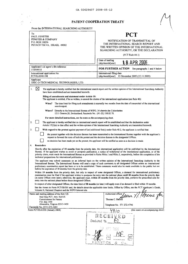 Document de brevet canadien 2629407. PCT 20080512. Image 1 de 9
