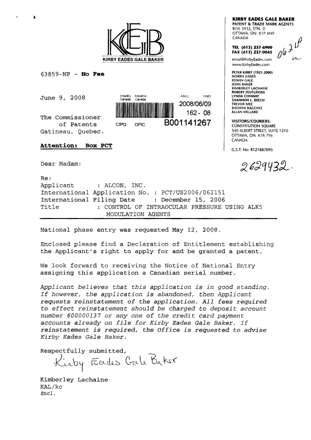Canadian Patent Document 2629432. Correspondence 20071209. Image 1 of 2