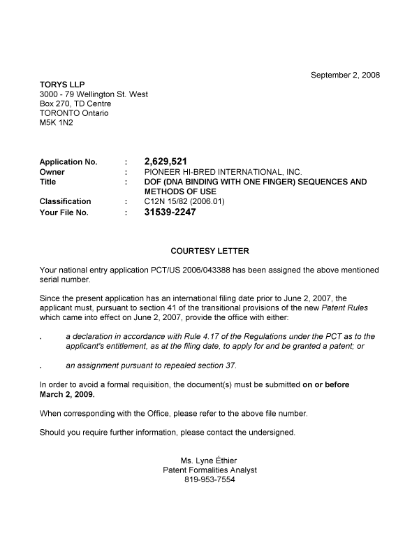 Canadian Patent Document 2629521. Correspondence 20080825. Image 1 of 1