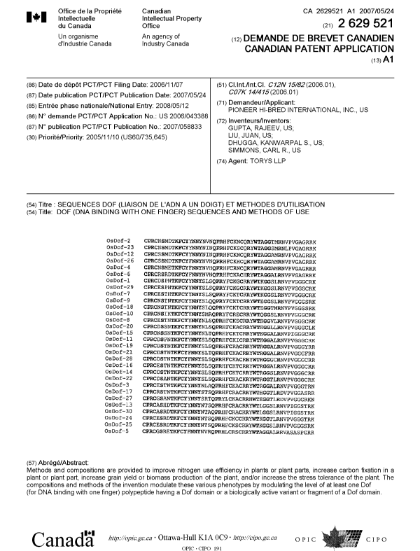 Canadian Patent Document 2629521. Cover Page 20080827. Image 1 of 1