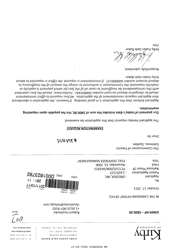 Canadian Patent Document 2629523. Prosecution-Amendment 20101217. Image 1 of 1