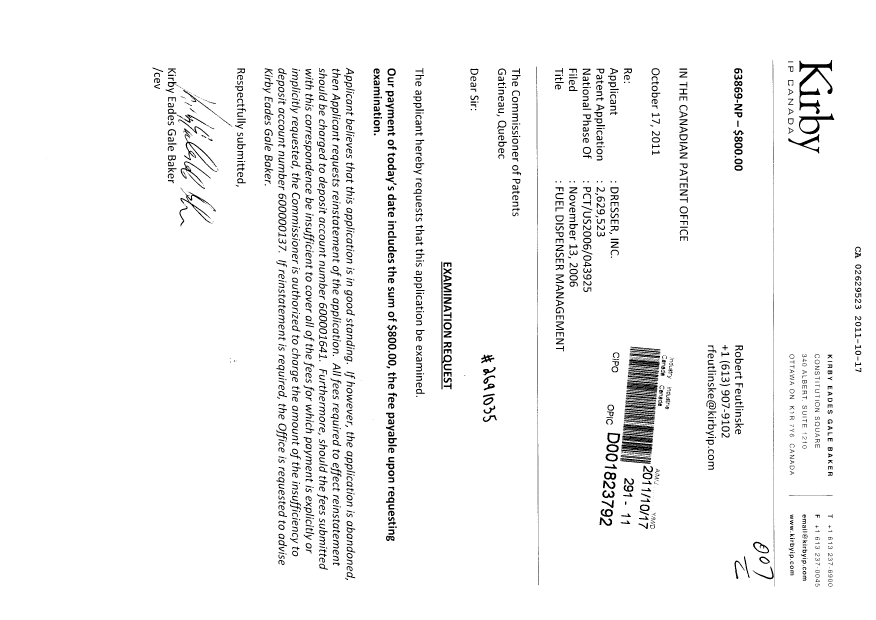 Document de brevet canadien 2629523. Poursuite-Amendment 20101217. Image 1 de 1