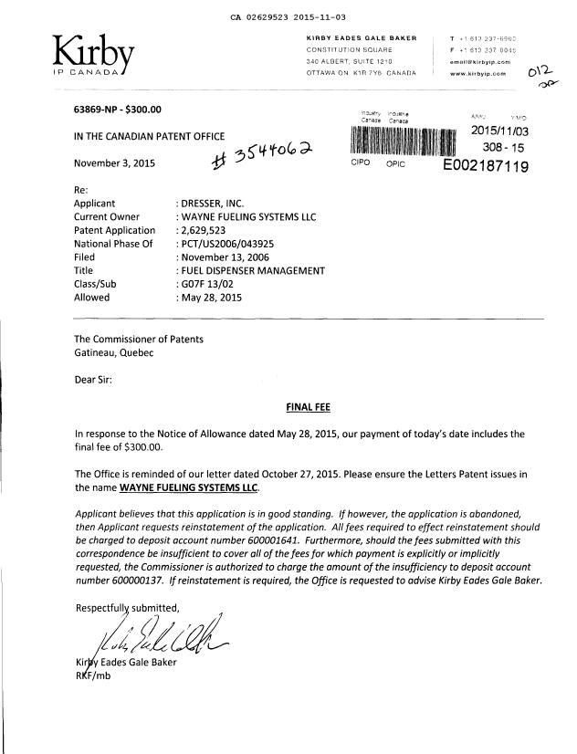 Canadian Patent Document 2629523. Correspondence 20141203. Image 1 of 1