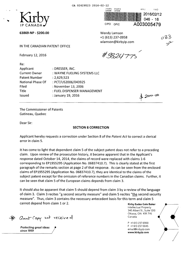 Canadian Patent Document 2629523. Correspondence 20151212. Image 1 of 3