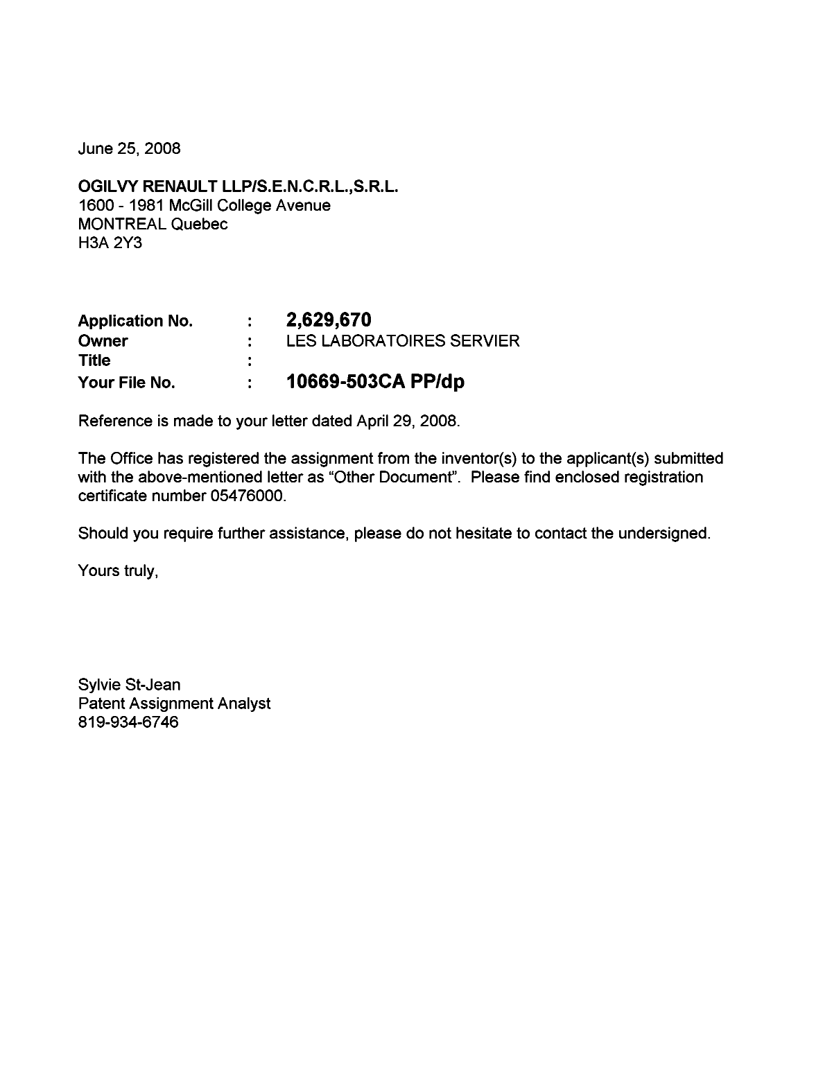 Document de brevet canadien 2629670. Correspondance 20071225. Image 1 de 1
