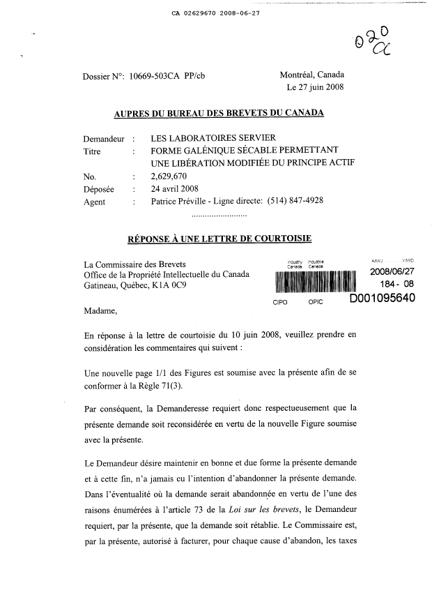 Document de brevet canadien 2629670. Correspondance 20080627. Image 1 de 3