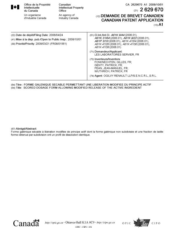 Document de brevet canadien 2629670. Page couverture 20080918. Image 1 de 1