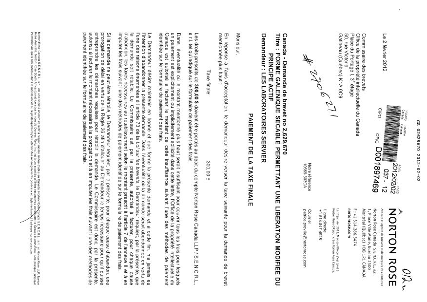 Canadian Patent Document 2629670. Correspondence 20120202. Image 1 of 2