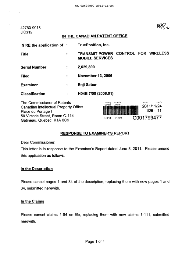 Canadian Patent Document 2629890. Prosecution-Amendment 20111124. Image 1 of 24