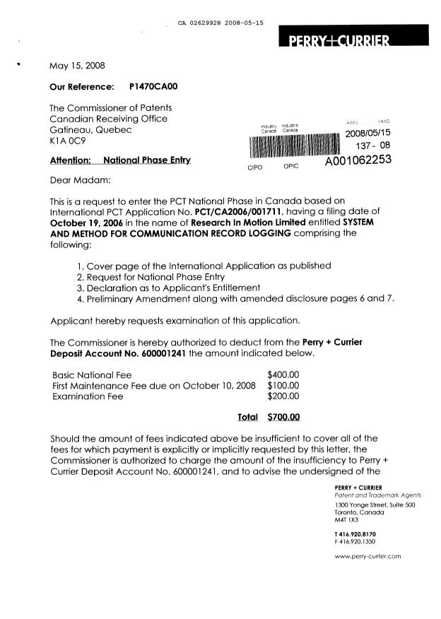 Document de brevet canadien 2629928. Cession 20080515. Image 1 de 4