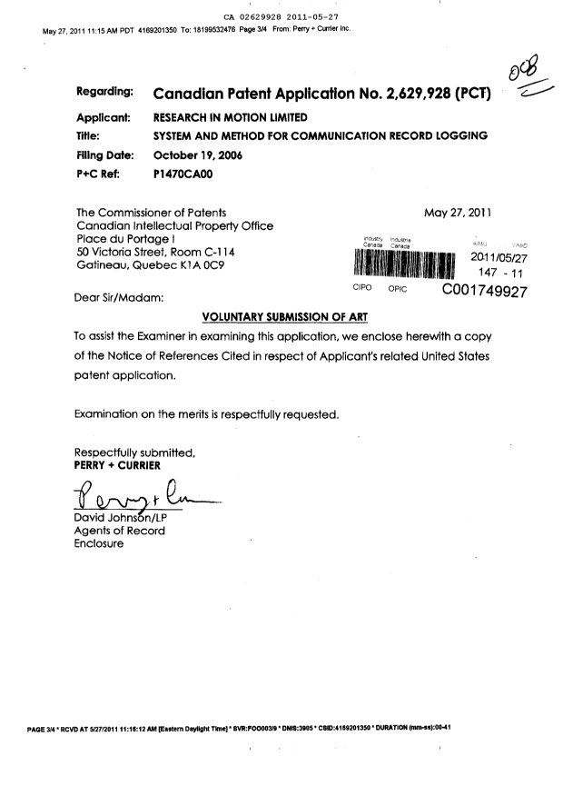Document de brevet canadien 2629928. Poursuite-Amendment 20110527. Image 1 de 1