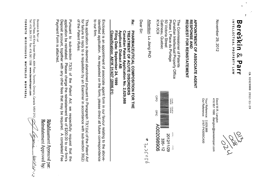 Canadian Patent Document 2629988. Prosecution-Amendment 20121129. Image 1 of 4