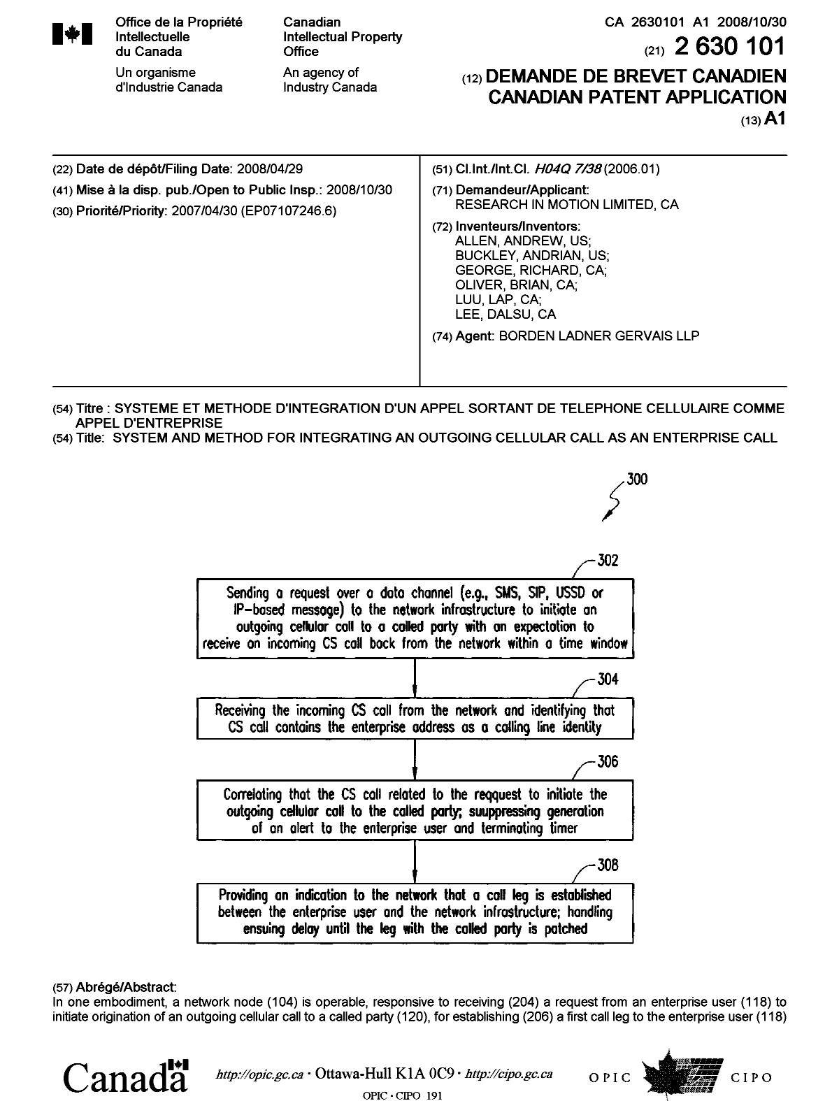 Canadian Patent Document 2630101. Cover Page 20081027. Image 1 of 2