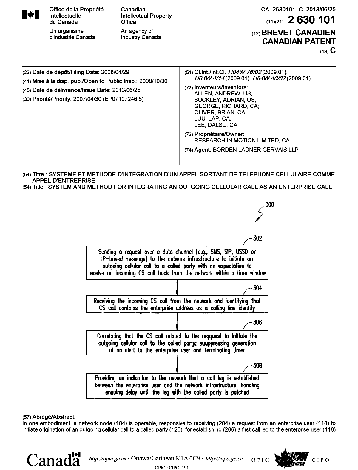 Canadian Patent Document 2630101. Cover Page 20130605. Image 1 of 2