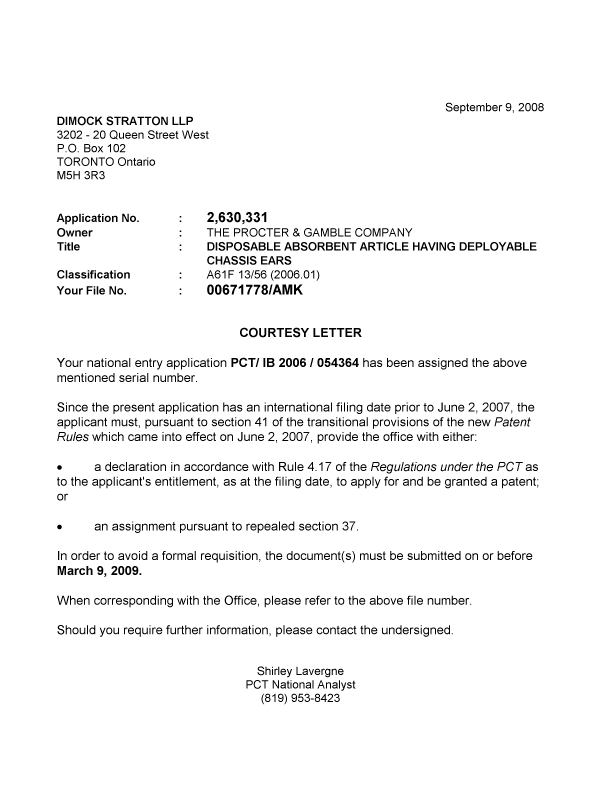 Document de brevet canadien 2630331. Correspondance 20071202. Image 1 de 1