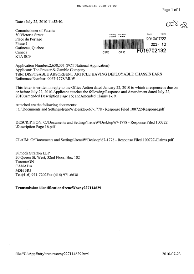Document de brevet canadien 2630331. Poursuite-Amendment 20091222. Image 1 de 10