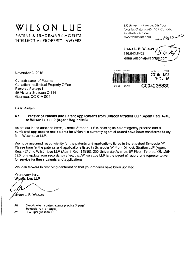 Document de brevet canadien 2630331. Correspondance 20151203. Image 1 de 3