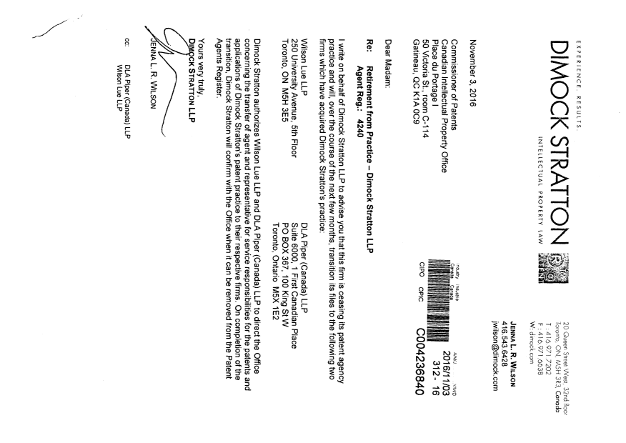 Document de brevet canadien 2630331. Correspondance 20151203. Image 2 de 3